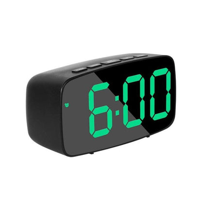 Stevvex acrylic mirror LED alarm clock with green LED digits, black body on Tampa Home & Garden Store