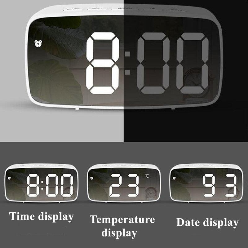 Acrylic mirror LED digital alarm clock Stevvex white frame showing time temperature and date on Tampa Home & Garden Store