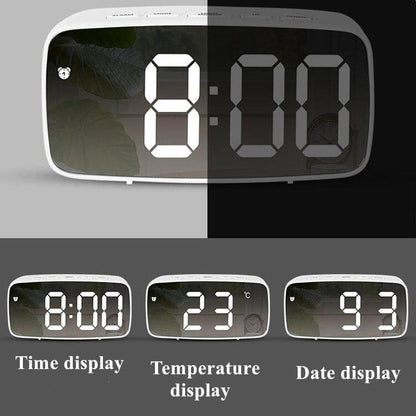 Acrylic mirror LED digital alarm clock Stevvex white frame showing time temperature and date on Tampa Home & Garden Store