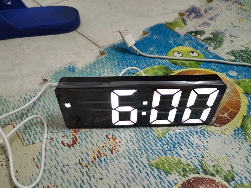 Acrylic mirror LED alarm clock with 6:00 display, black glossy finish, USB power cable on Tampa Home & Garden Store