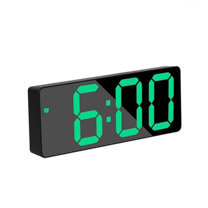 Stevvex LED digital alarm clock with acrylic mirror display, black bedside clock with green digits on Tampa Home & Garden Store