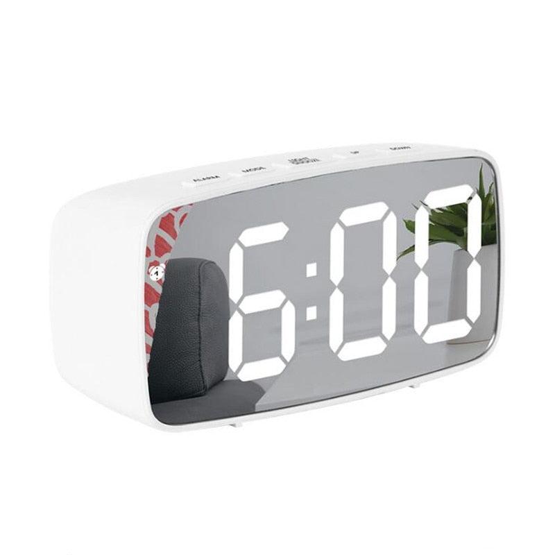 Stevvex acrylic mirror LED digital alarm clock with large digits, white bedside desk clock on Tampa Home & Garden Store