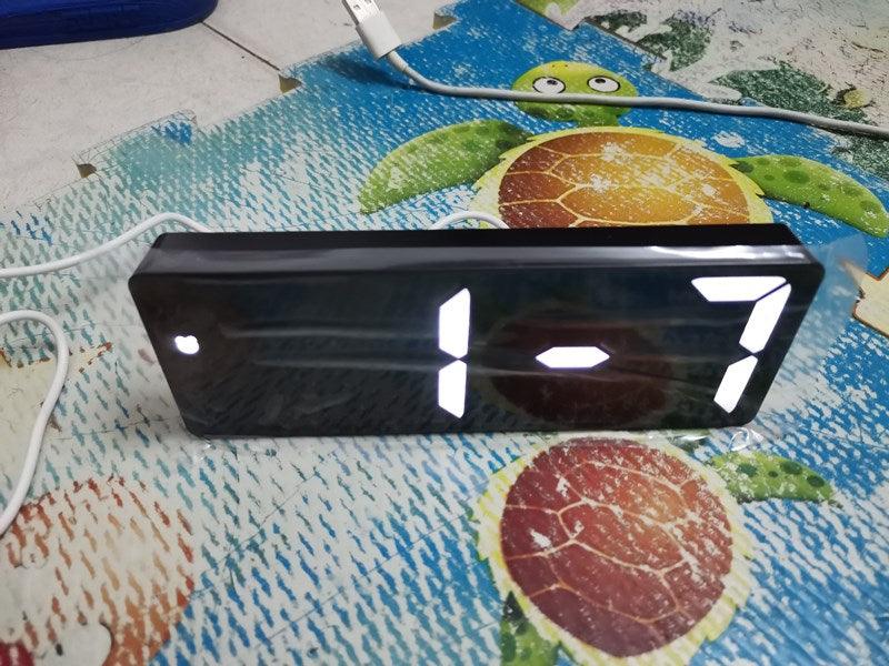 Acrylic mirror LED alarm clock with white digits on black face USB-powered desk clock on Tampa Home & Garden Store