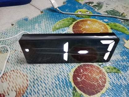 Acrylic mirror LED alarm clock with white digits on black face USB-powered desk clock on Tampa Home & Garden Store