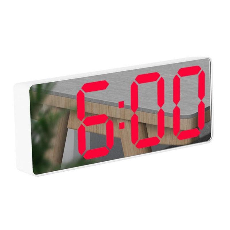 Acrylic mirror LED alarm clock Stevvex STCC344DRG with bold red digits on Tampa Home & Garden Store
