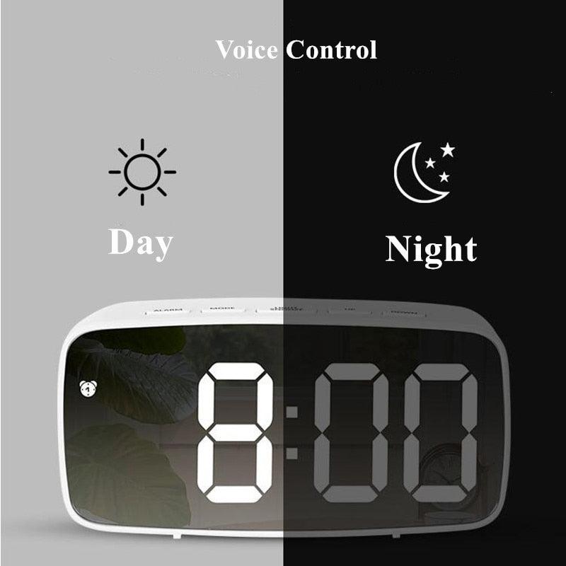 Stevvex acrylic mirror LED alarm clock with day/night display and dual alarms on Tampa Home & Garden Store