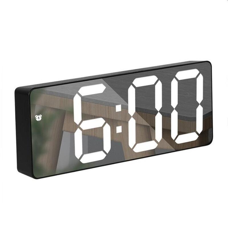 Acrylic mirror LED alarm clock by Stevvex with large white digits black housing on Tampa Home & Garden Store