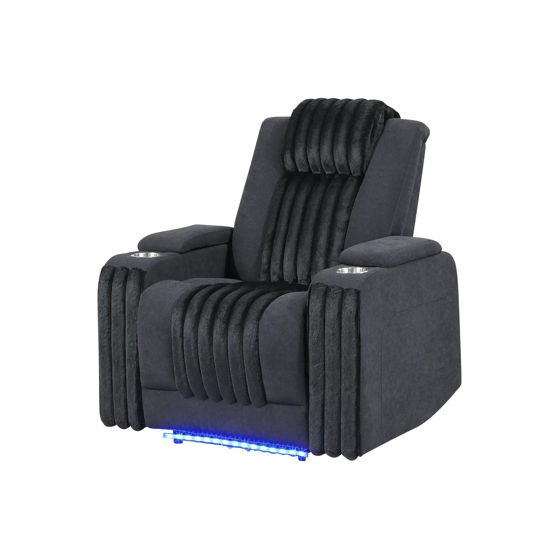 Duran power recliner headrest charcoal fabric cup holders blue LED base on Tampa Home & Garden Store