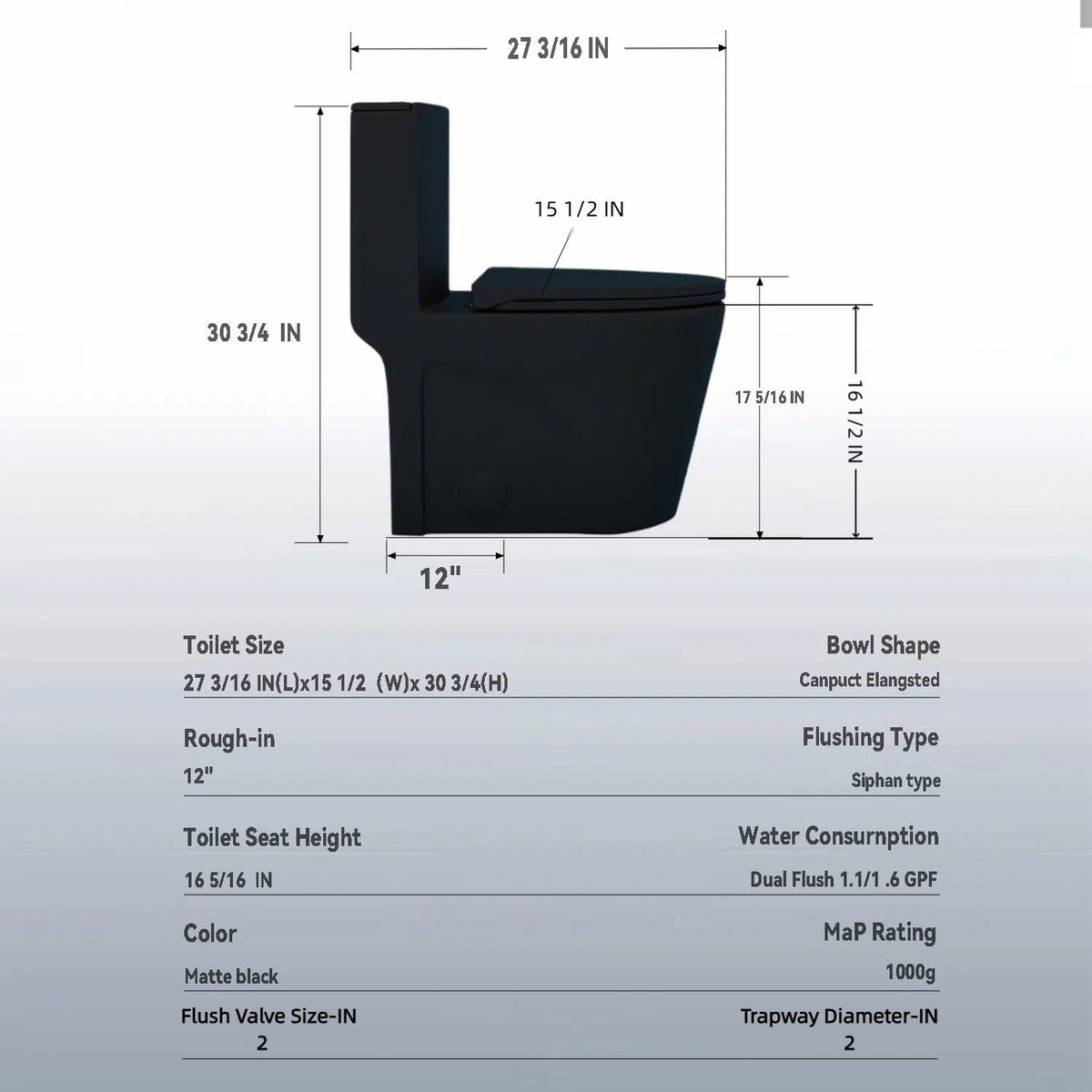 1 Piece Toilet with Tornado Flush Dual Flush ADA height matte black on Tampa Home & Garden Store