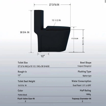 1 Piece Toilet with Tornado Flush Dual Flush ADA height matte black on Tampa Home & Garden Store