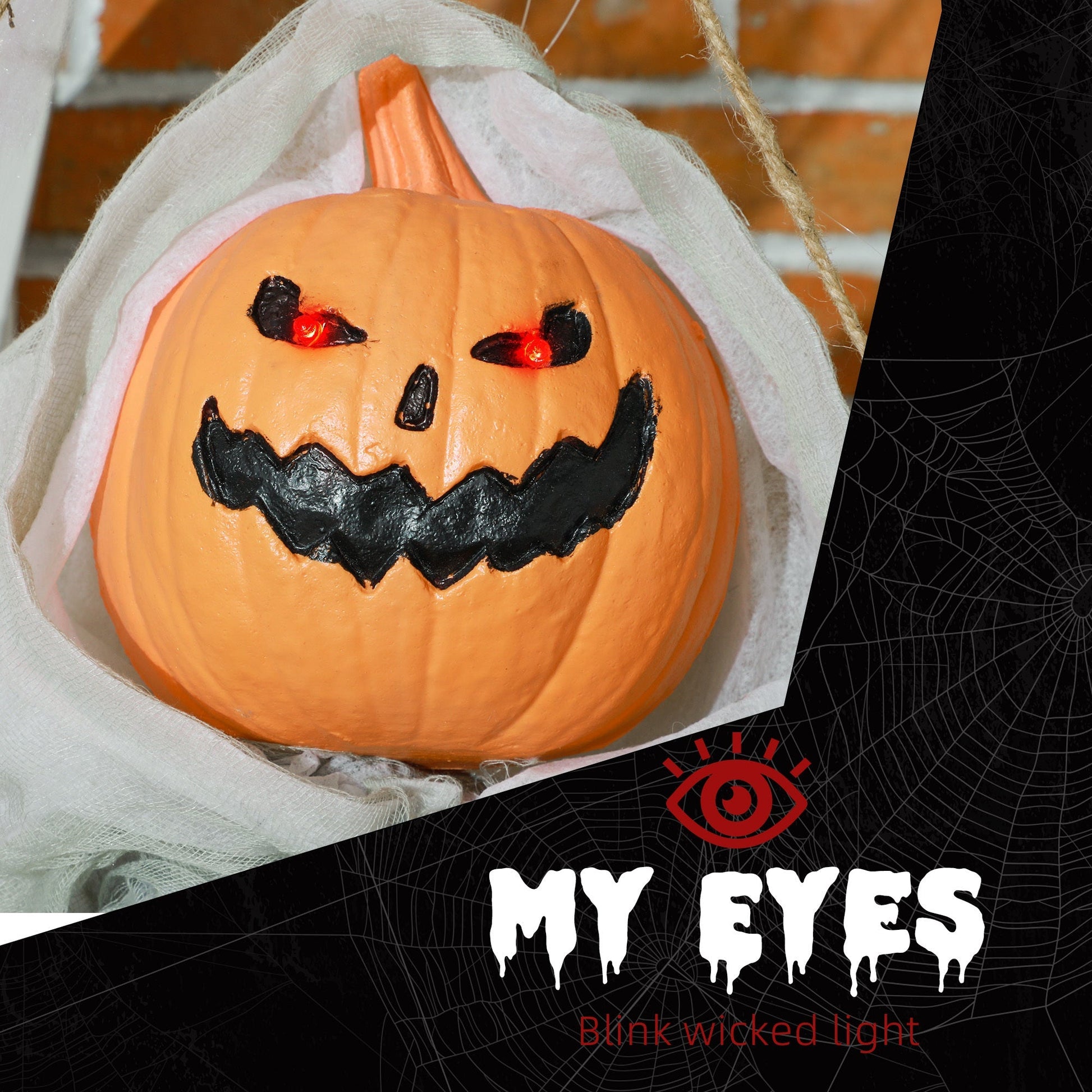 Outdoor Halloween hanging pumpkin ghost with light-up red eyes and white gauze veil on Tampa Home & Garden Store
