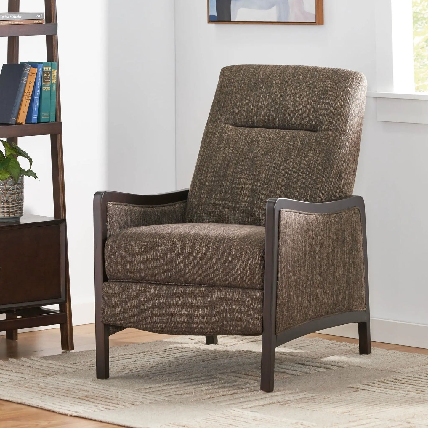Drury pushback recliner in brown fabric with dark wood arms by Unique Piece Furniture on Tampa Home & Garden Store