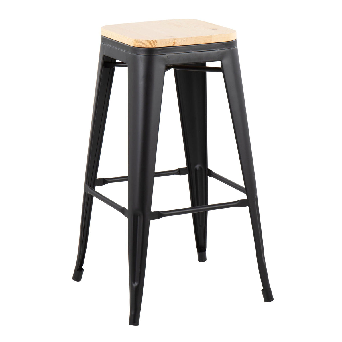 Contemporary barstool set of 2 with stackable design, black legs and natural wood seat on Tampa Home & Garden Store