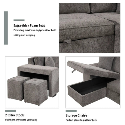Lshape Reversible Sleeper Sectional with storage chaise and 2 stools gray Unique Piece Furniture on Tampa Home & Garden Store