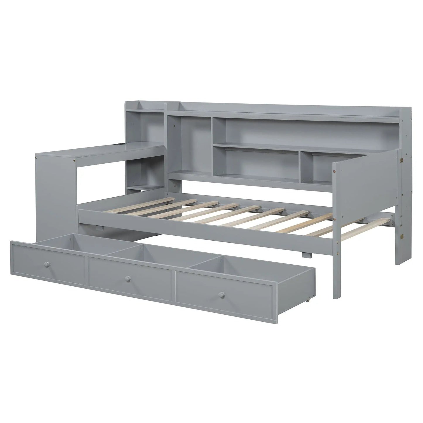 Daybed storage unit in gray with built-in desk, 3 drawers and open cubbies on a bed frame on Tampa Home & Garden Store