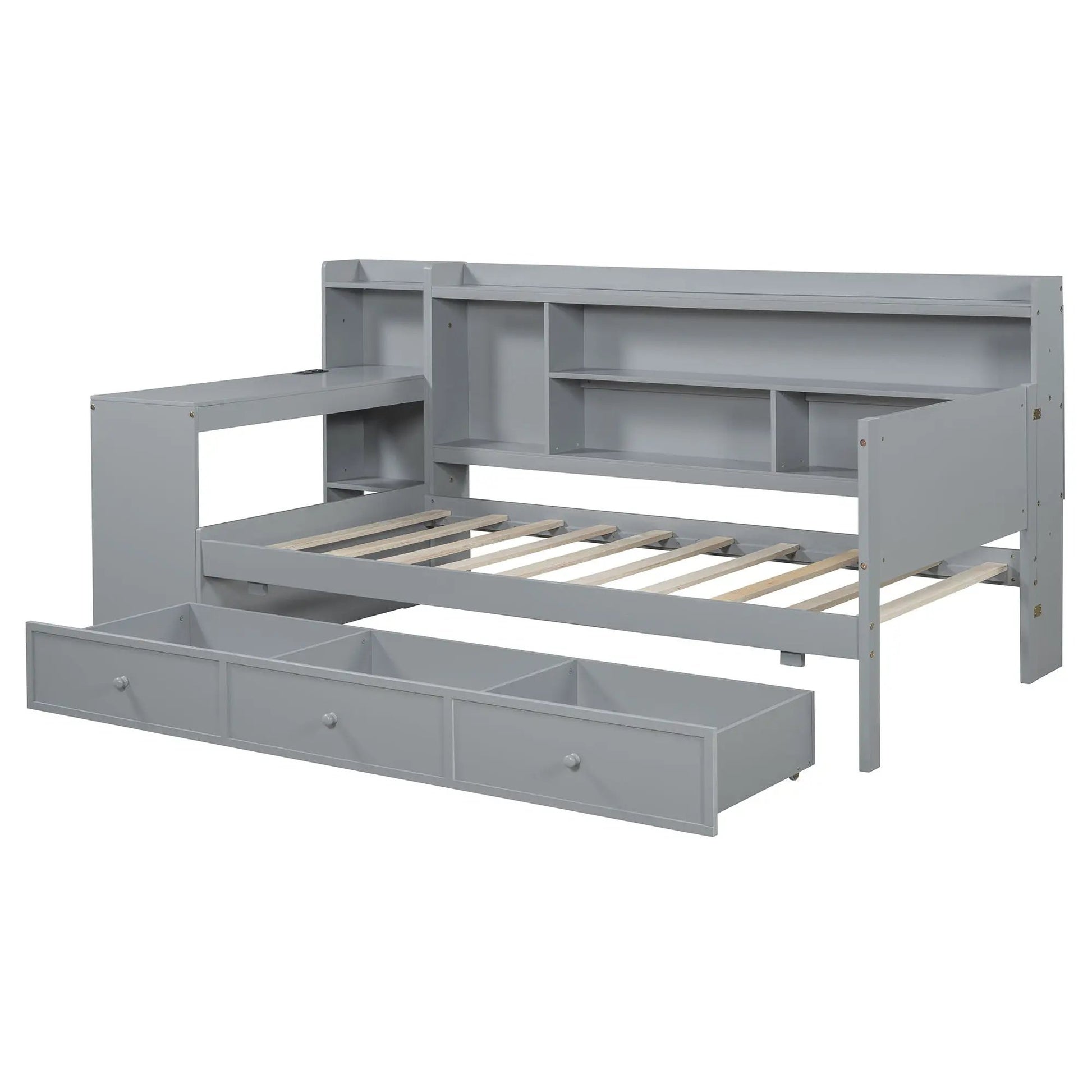 Daybed storage unit in gray with built-in desk, 3 drawers and open cubbies on a bed frame on Tampa Home & Garden Store