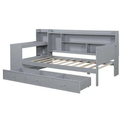 Daybed storage unit in gray with built-in desk, 3 drawers and open cubbies on a bed frame on Tampa Home & Garden Store