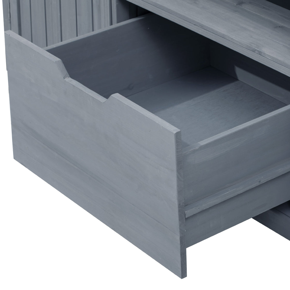K&K 66.5in outdoor kitchen island drawer interior in gray-painted wood for Big Green Egg grills on Tampa Home & Garden Store