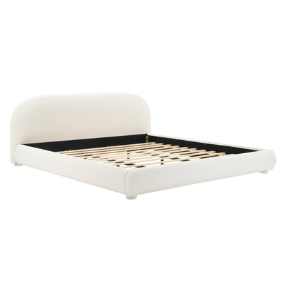 Cream fabric upholstered king bed frame with rounded headboard and slat base, modern design on Tampa Home & Garden Store