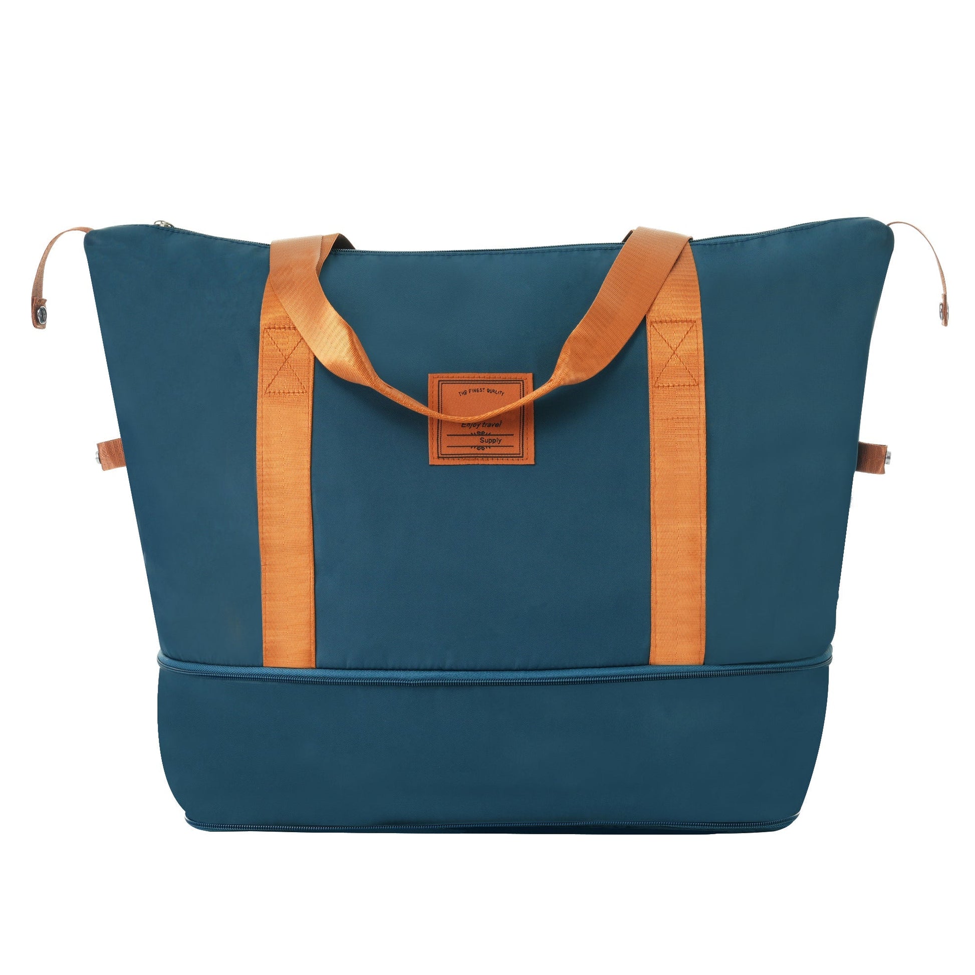 Blue HouseOfZazla 28-inch luggage bag with orange webbing straps on Tampa Home & Garden Store