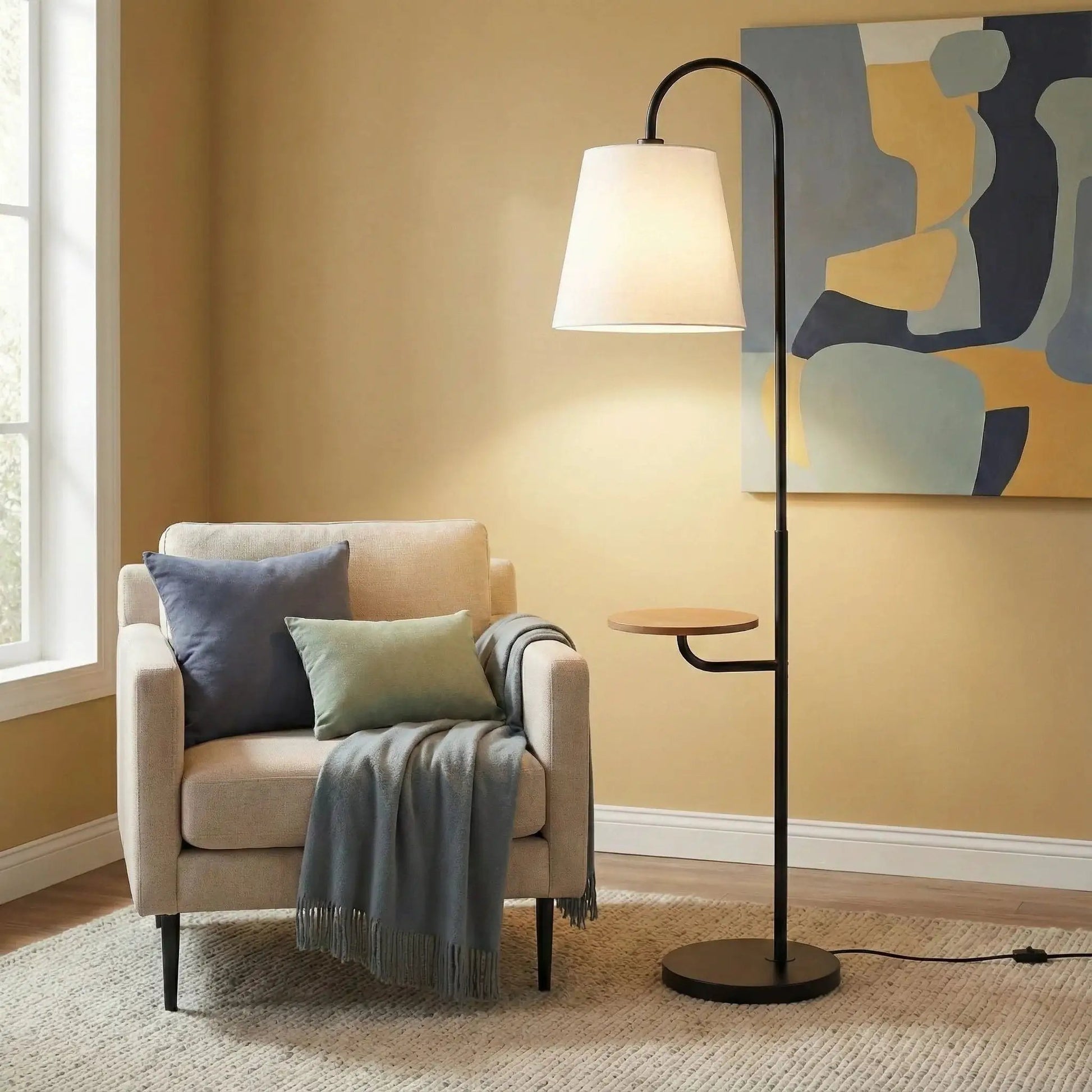Seoul floor lamp with wood table base, black metal stand, and white shade on Tampa Home & Garden Store