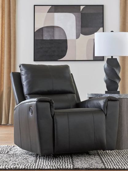 Glossmore Rocker Recliner in black leather with padded armrests by Unique Piece Furniture on Tampa Home & Garden Store