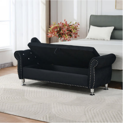 Storage bench by HouseOfZazla in black upholstery with crystal buttons and 1 white pillow in bedroom on Tampa Home & Garden Store
