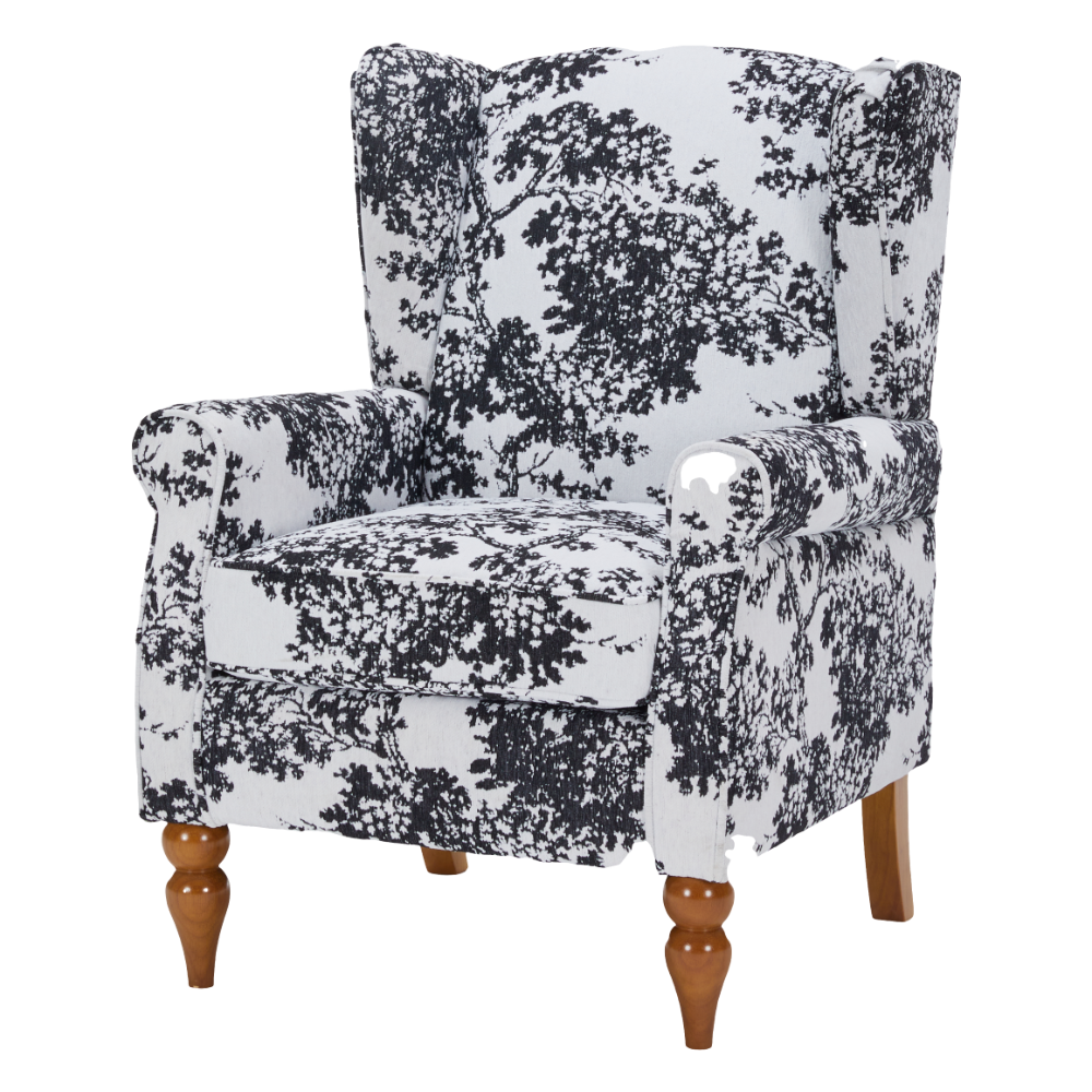 Accent chair HouseOfZazla with black and white toile upholstery, rolled arms and wooden legs on Tampa Home & Garden Store