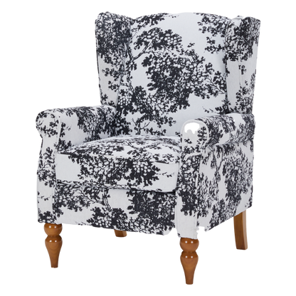 Accent chair HouseOfZazla with black and white toile upholstery, rolled arms and wooden legs on Tampa Home & Garden Store