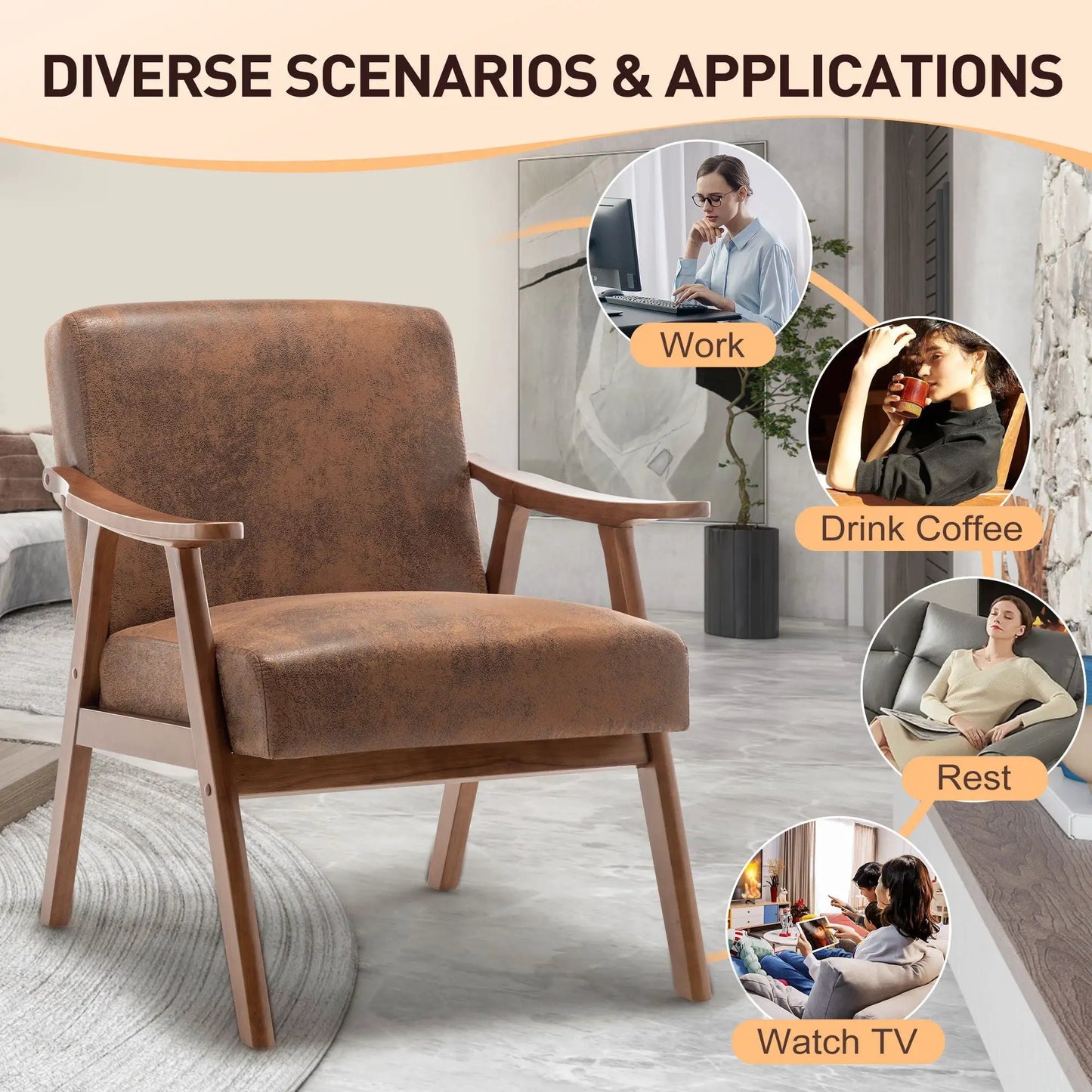 Mid century modern accent arm chair with solid wood frame and thick backrest, brown upholstery on Tampa Home & Garden Store