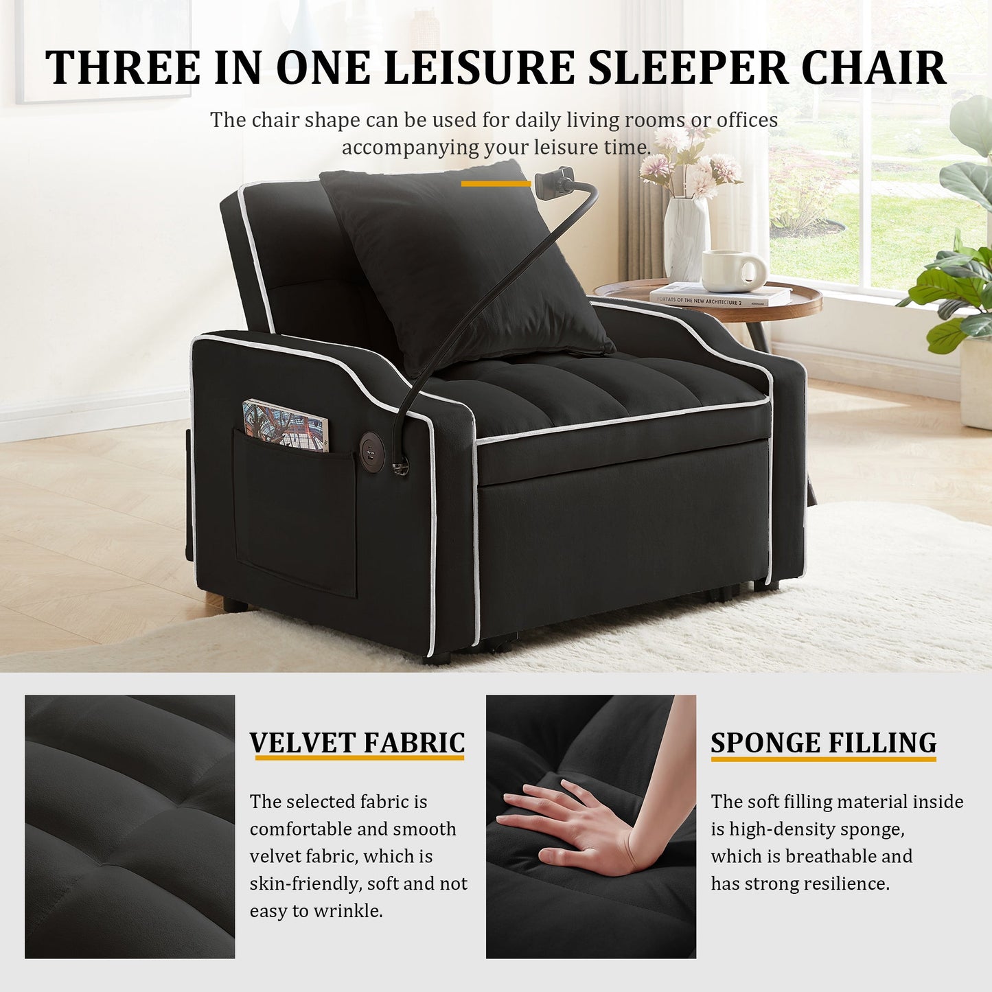 Modern 3 in 1 Convertible Sofa and Chair Bed Set