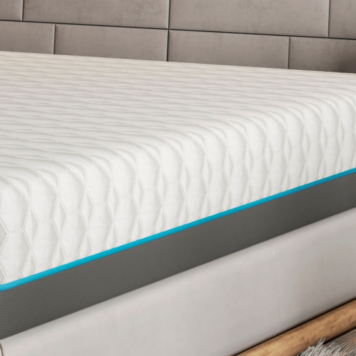 Copper Lux memory foam mattress 12in with phase-change cooling, white cover turquoise edge on Tampa Home & Garden Store