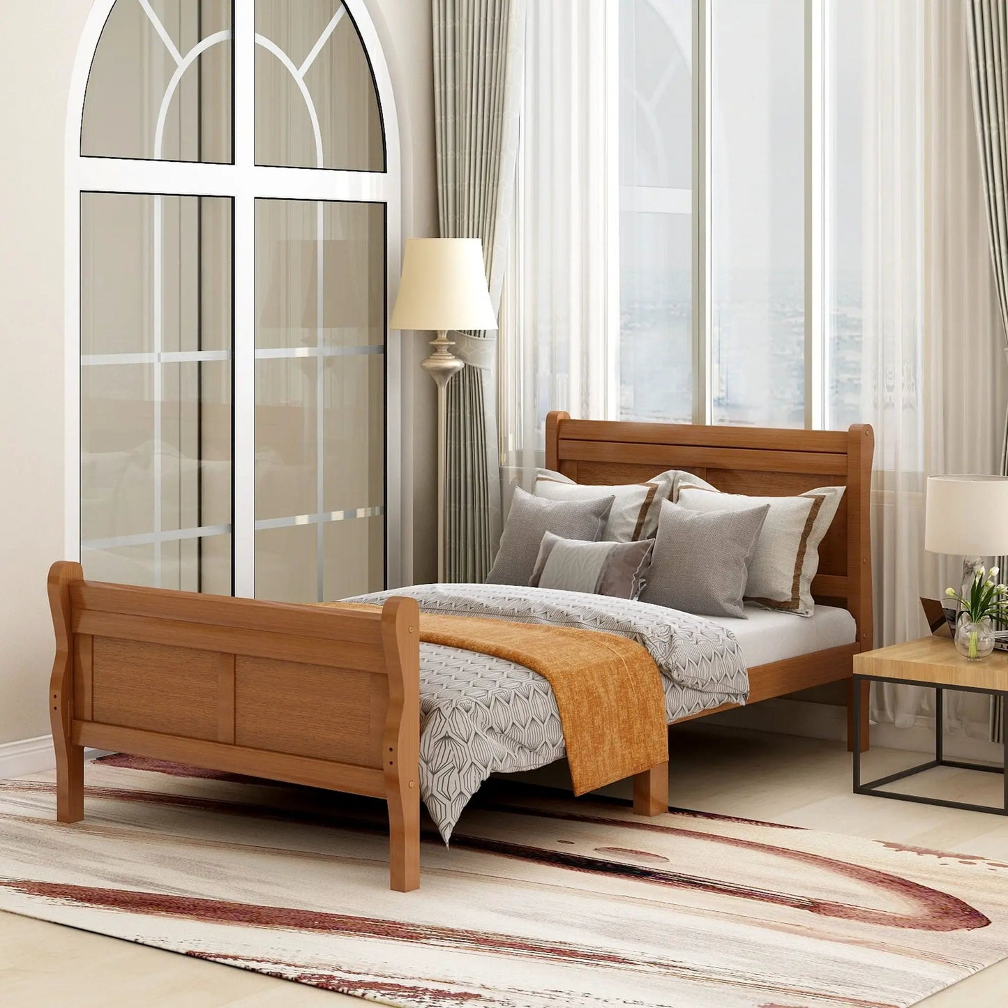 Platform bed frame with sleigh headboard and footboard in natural wood finish, slat support on Tampa Home & Garden Store