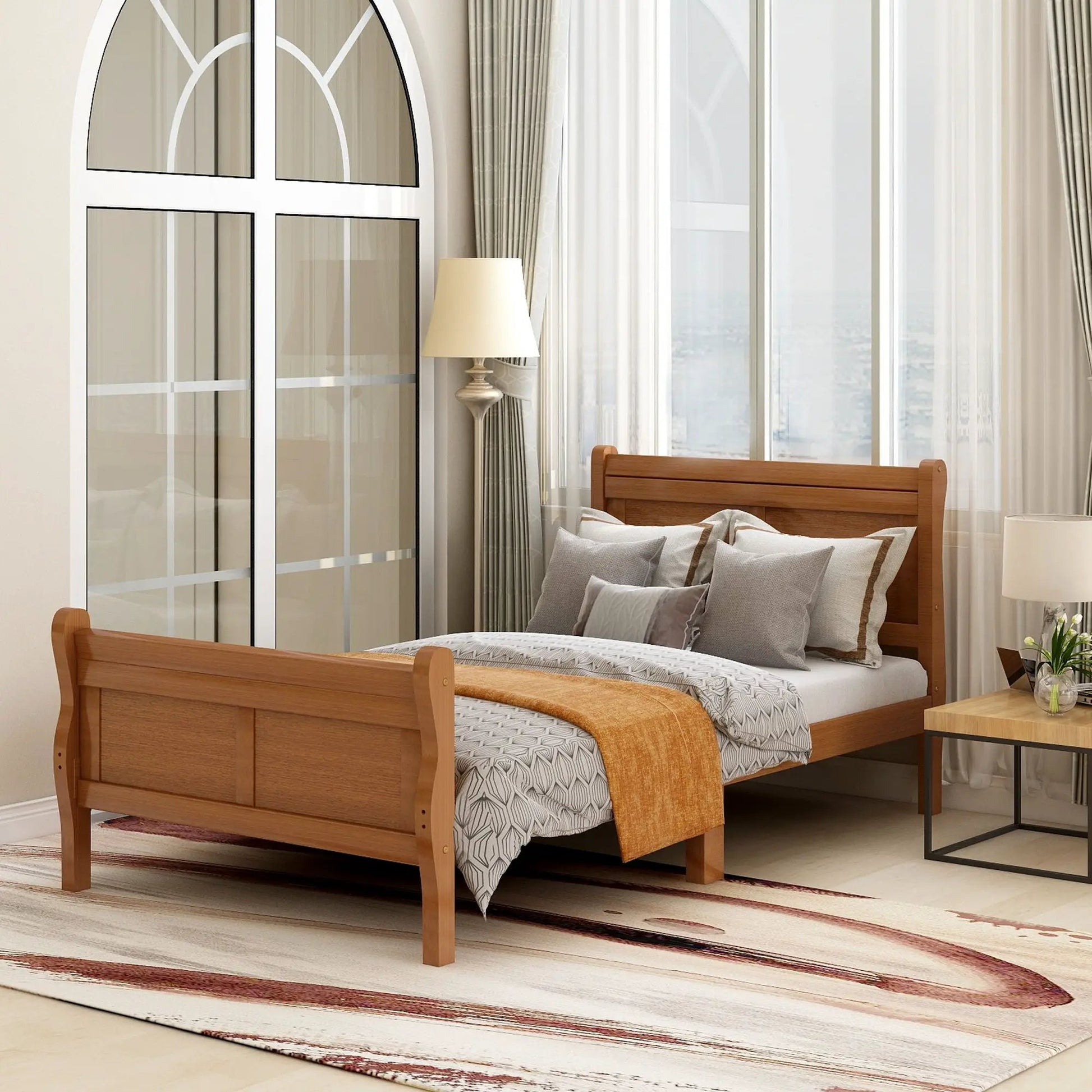 Platform bed frame with sleigh headboard and footboard in natural wood finish, slat support on Tampa Home & Garden Store
