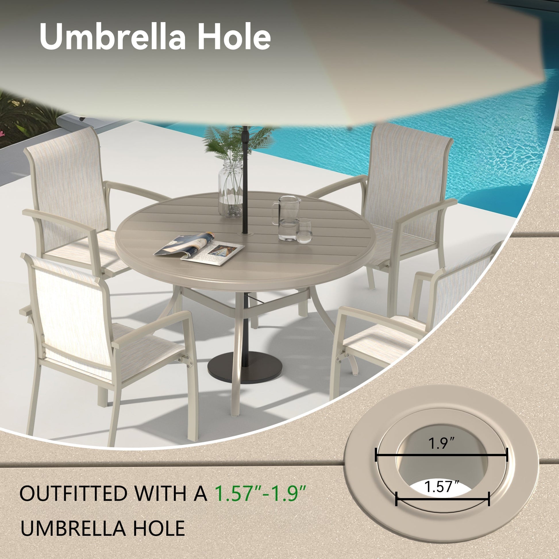 7 Pieces Patio Dining Set by HouseOfZazla, round beige table with 6 chairs under umbrella on Tampa Home & Garden Store