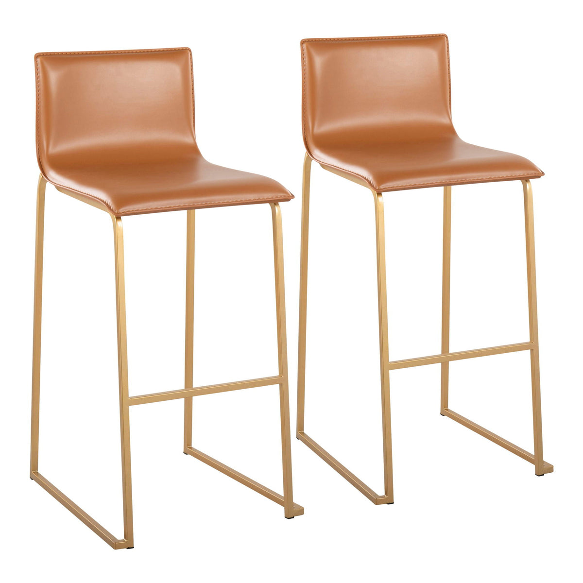 Pair of contemporary upholstered bar stools with tan leather seats and gold metal frames on Tampa Home & Garden Store