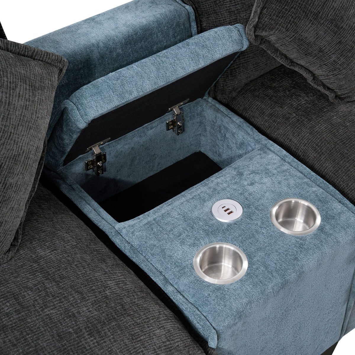 3-piece sectional sofa with removable ottomans in gray and light blue; USB ports and cup holders on Tampa Home & Garden Store
