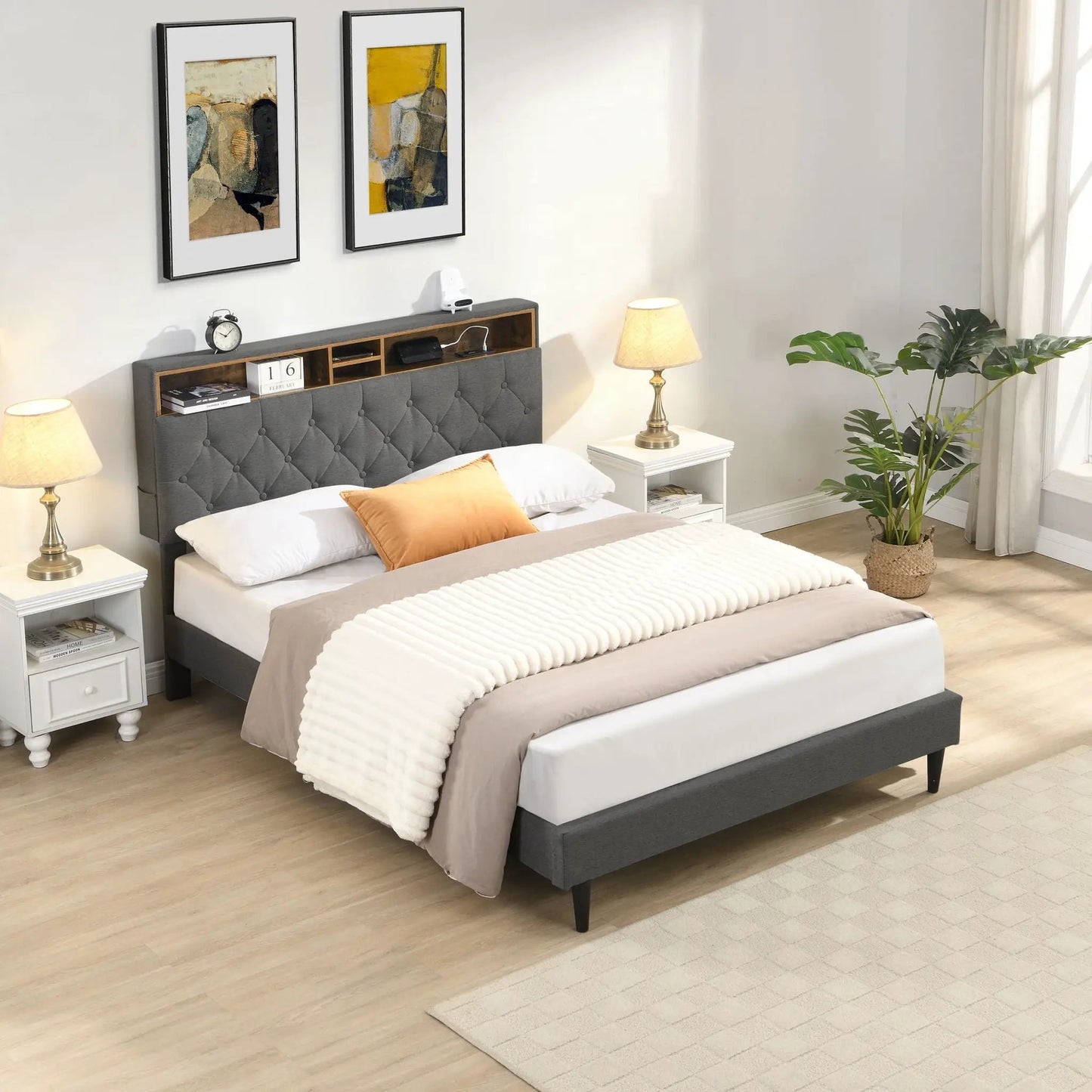 Modern Upholstered Platform Bed Frame With USB Ports