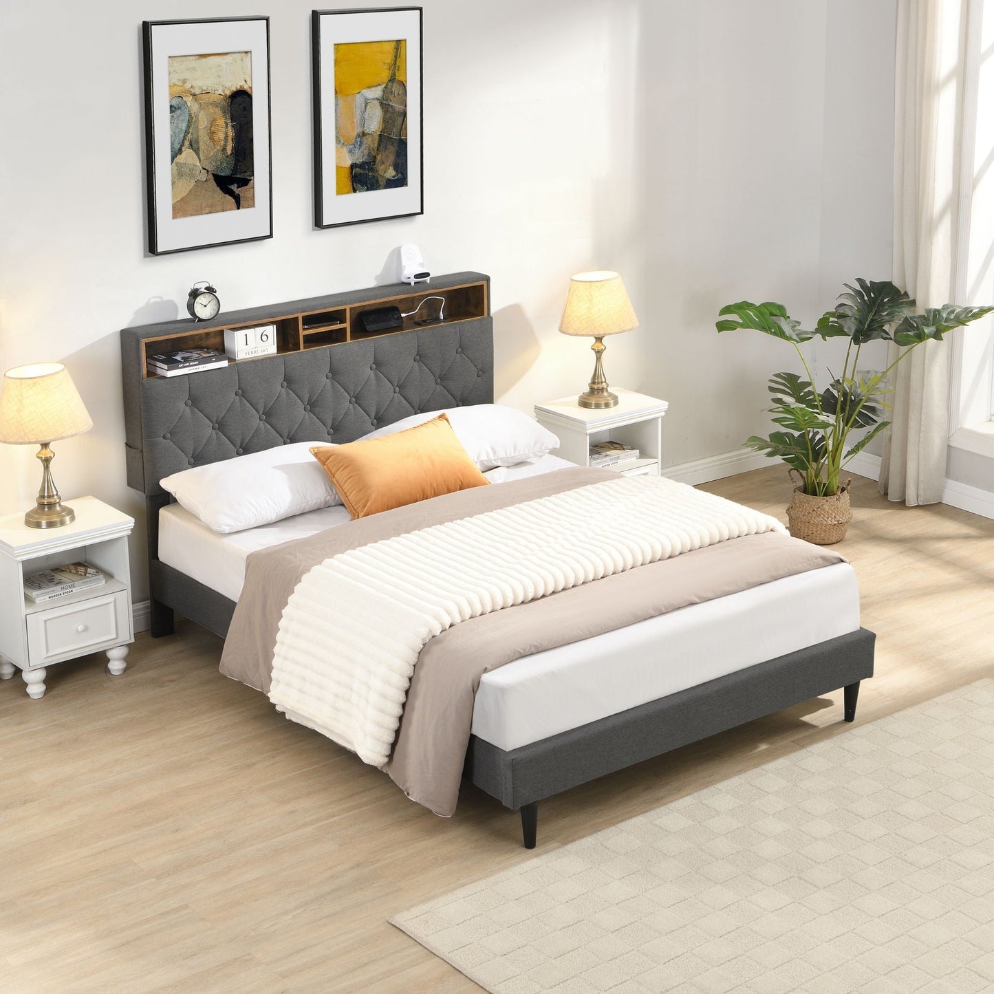 Modern Upholstered Bed Frame and Usb Ports