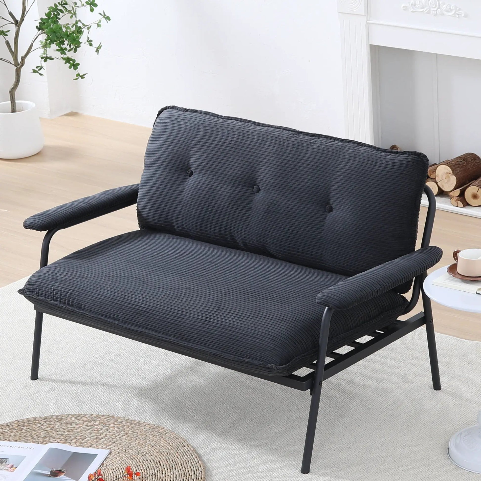 Modern metal-frame sofa with sponge-filled cushions in black ribbed fabric for compact spaces on Tampa Home & Garden Store