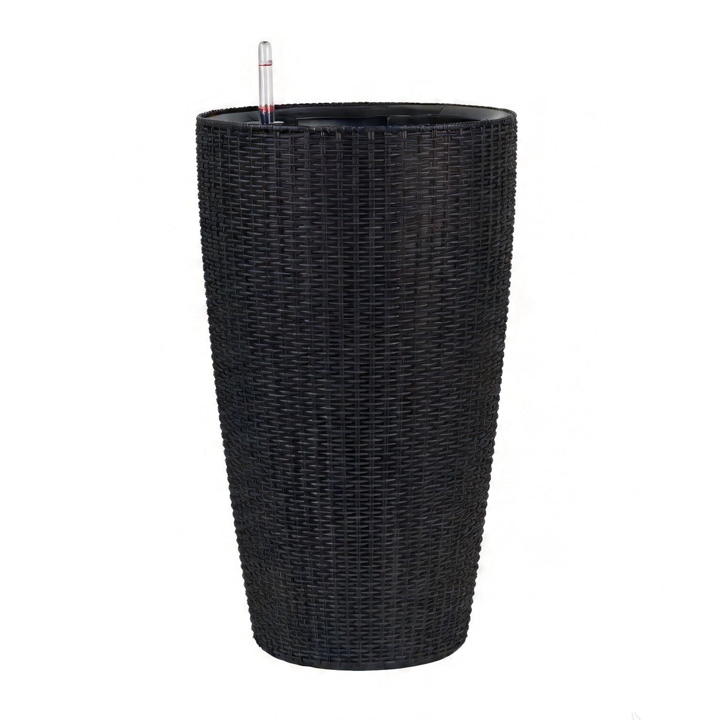 Tall black woven planter with water level monitor and auto-watering system on Tampa Home & Garden Store