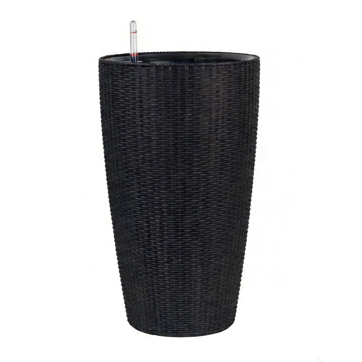 Tall black woven planter with water level monitor and auto-watering system on Tampa Home & Garden Store