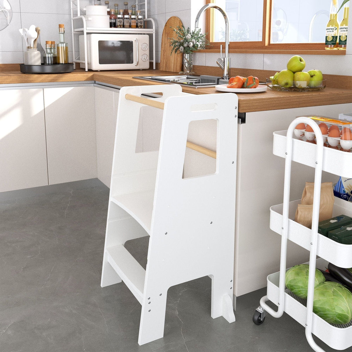 Standing Tower child kitchen step stool adjustable height white Montessori stool on Tampa Home & Garden Store