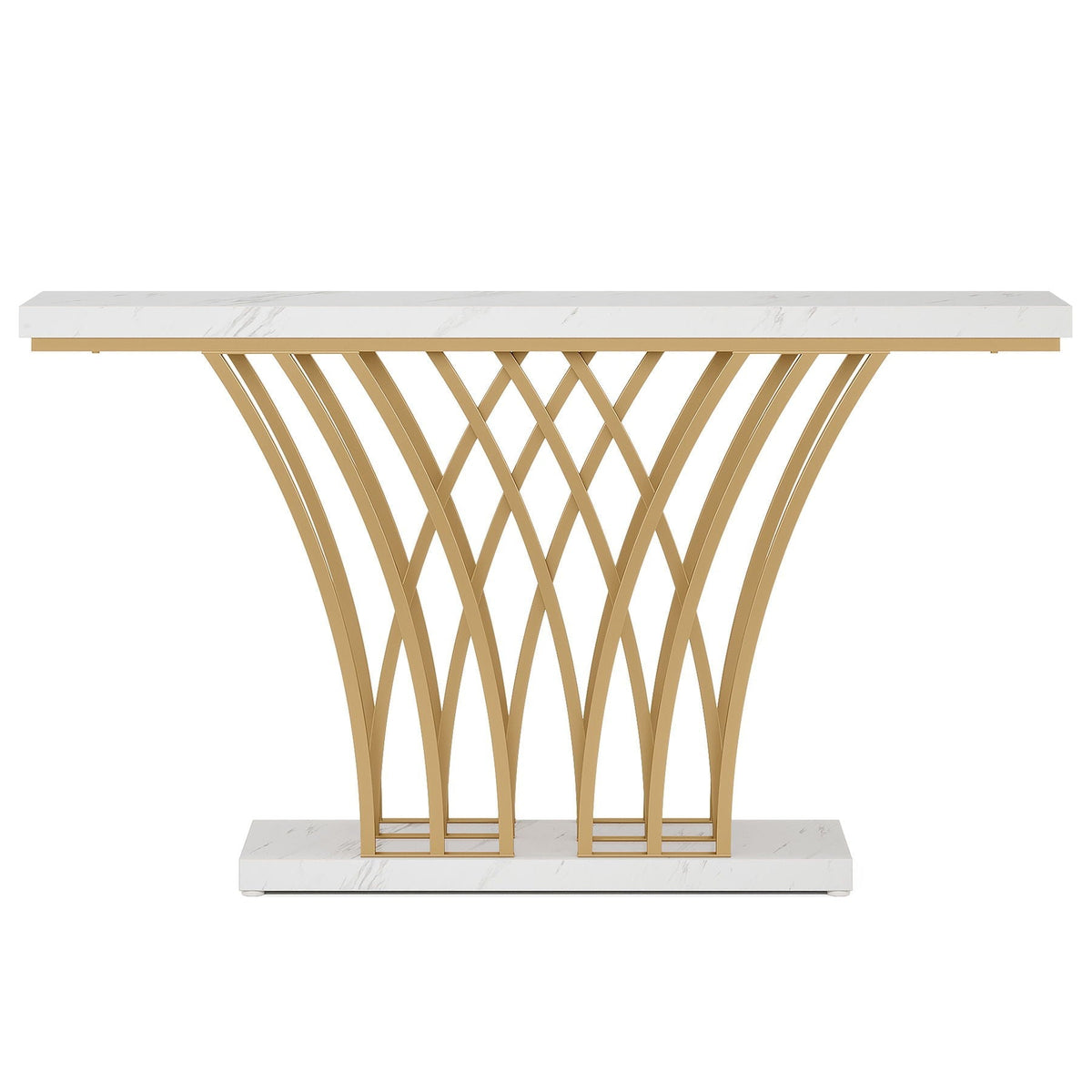 Console table with white faux-marble top and gold crisscross lattice base on Tampa Home & Garden Store
