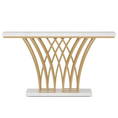 Console table with white faux-marble top and gold crisscross lattice base on Tampa Home & Garden Store