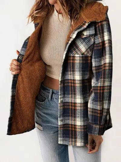 Plaid Snap Down Plush Hooded Jacket Women Warm
