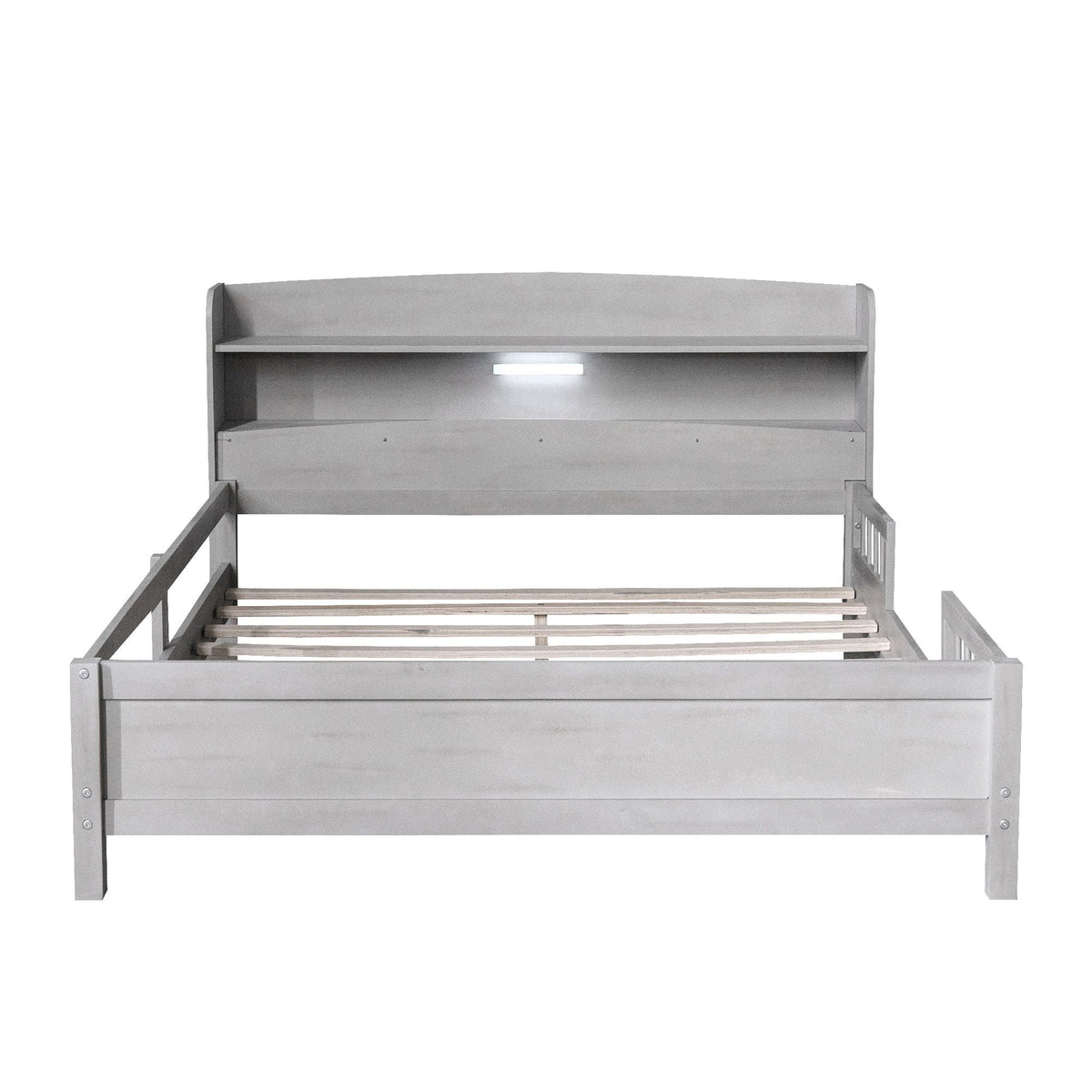 Wood platform bed with built-in LED light and storage headboard with guardrails in gray finish on Tampa Home & Garden Store