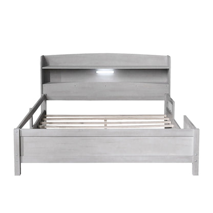 Wood platform bed with built-in LED light and storage headboard with guardrails in gray finish on Tampa Home & Garden Store