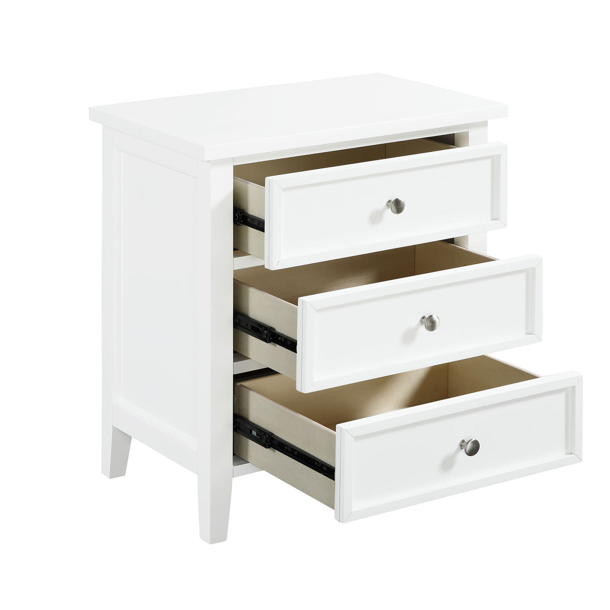 3 Drawer Nightstand with Metal Glides in white finish by HouseOfZazla, accent nightstand on Tampa Home & Garden Store