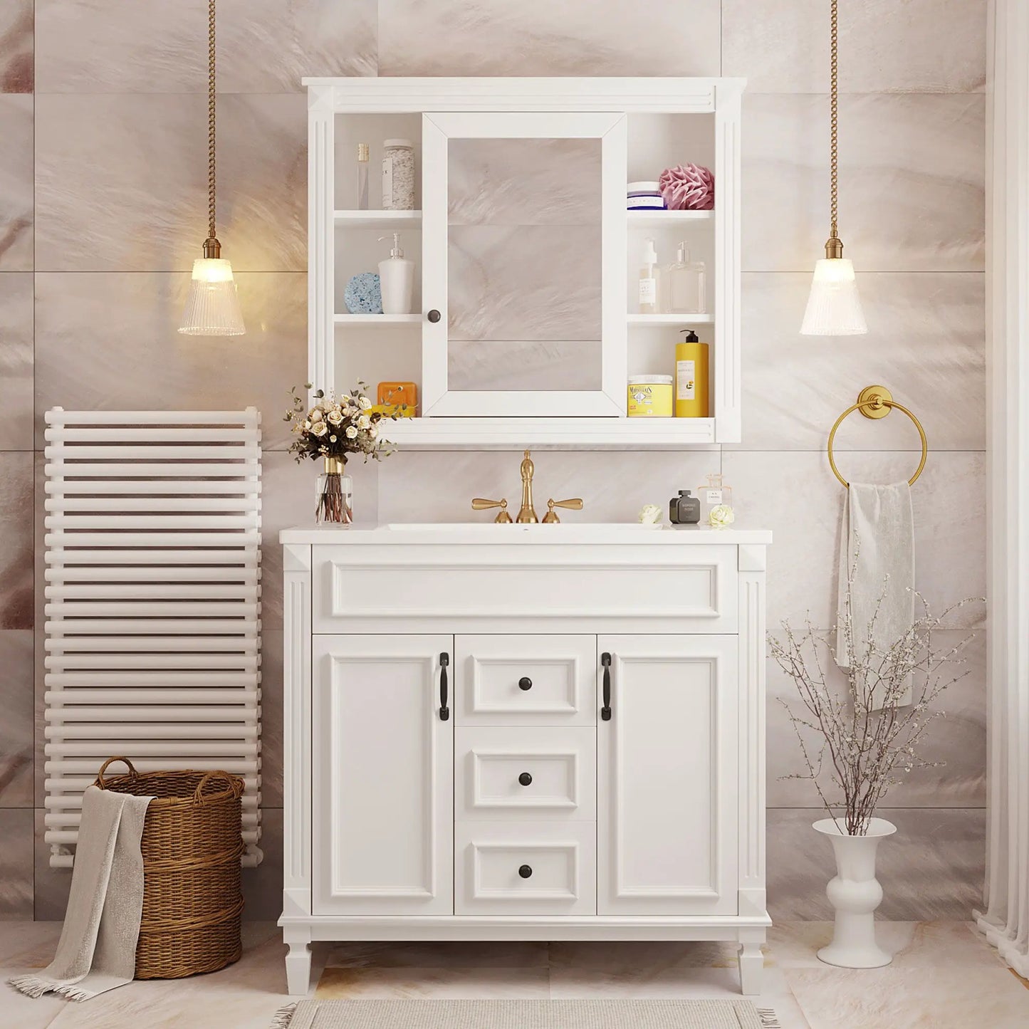 Bathroom vanity with top sink and mirror, white wood, 2 doors 2 drawers Unique Piece Furniture on Tampa Home & Garden Store